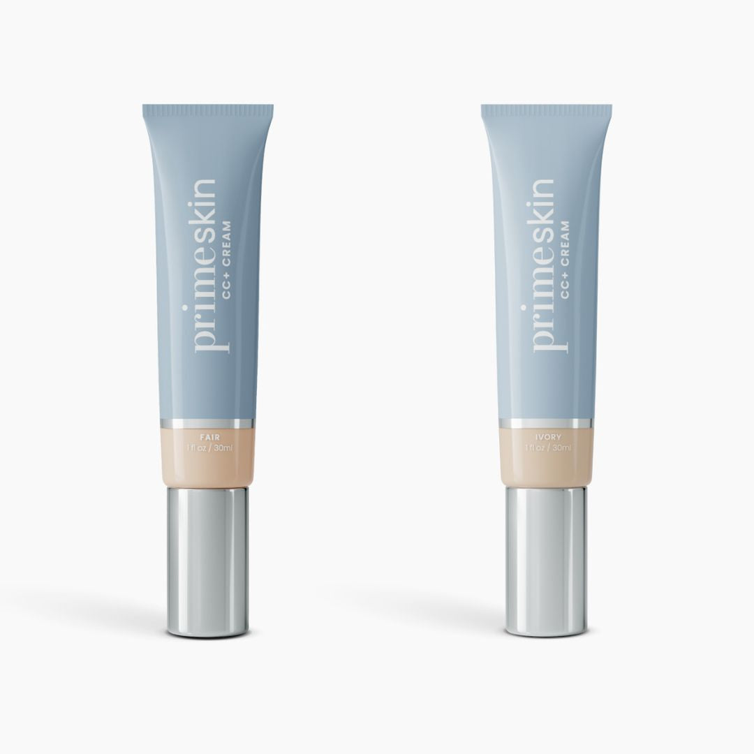Two 30ml tubes of PrimePrometics™ 2pcs PrimeSkin CC+ Cream with silver caps on a white background. The left is labeled Fair, the right Ivory. This lightweight formula blurs pores for a flawless finish, ideal as foundation for women over 50.
