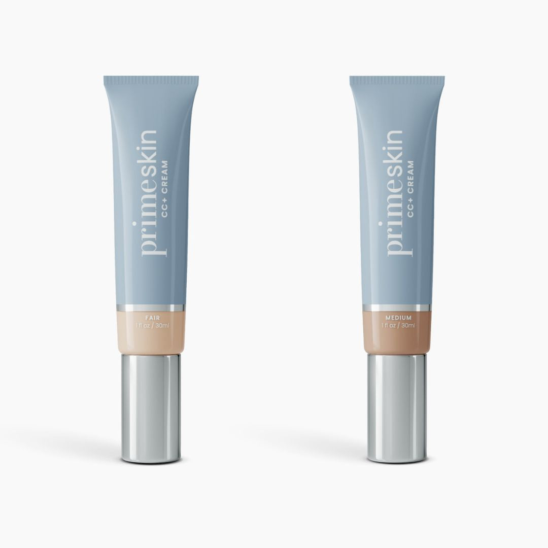 Two tubes of PrimePrometics™ 2pcs PrimeSkin CC+ Cream, a lightweight pore-blurring foundation, are shown against a white background—one in Fair and one in Medium—with light blue bodies, silver caps, and beige bases for each shade.