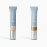 Two upright tubes of PrimePrometics™ 2pcs PrimeSkin CC+ Cream (1 fl oz/30ml each) in Fair and Tan Rich shades are shown against a white background. This lightweight foundation visibly blurs pores.