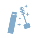 A blue icon of an open mascara tube with a wand and three sparkling stars, set against a light gray background.