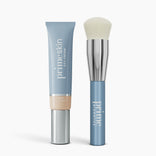 The PrimePrometics™ Flawless Finish Bundle features a blue tube of CC+ Cream with a silver cap and a matching blue-handled foundation brush with white bristles, both displayed upright against a clean white background.