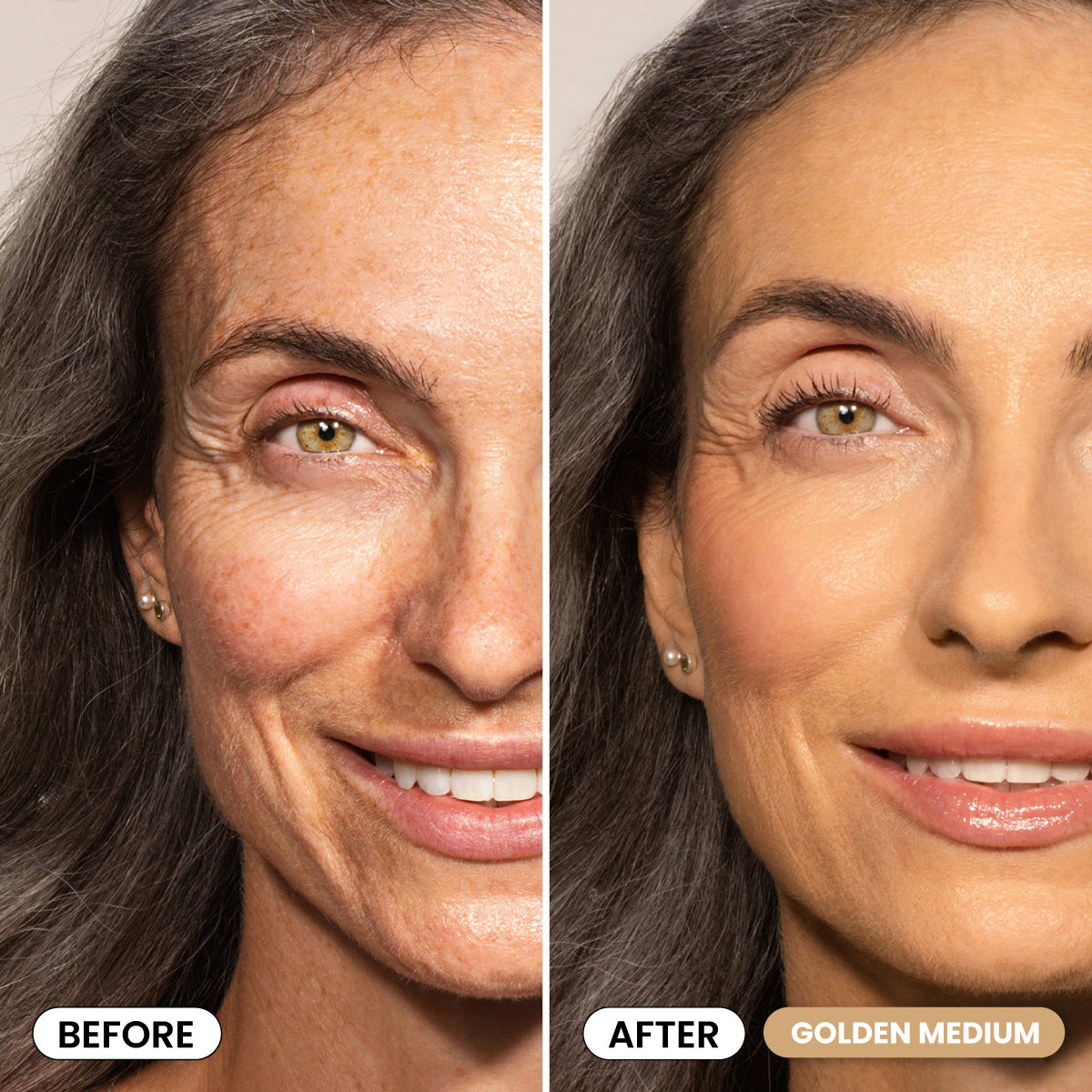 Split image of a woman’s face using PrimePrometics™ The Seamless Skin Duo: left side shows natural skin, right side reveals smoother, even-toned skin labeled "After Golden Medium.