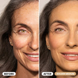 Split image of a woman’s face using PrimePrometics™ The Seamless Skin Duo: left side shows natural skin, right side reveals smoother, even-toned skin labeled "After Golden Medium.