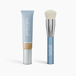 The Flawless Finish Bundle by PrimePrometics™ features a blue tube and a matching blue-handled foundation brush with white bristles, both displayed against a white background.