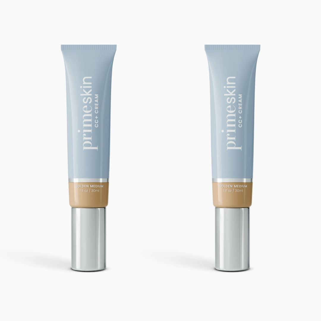 Two blue tubes of PrimePrometics™ 2pcs PrimeSkin CC+ Cream in Golden Medium, each with a silver cap, stand upright on a white background. This lightweight foundation blurs pores for a smooth finish, perfect for women over 50.