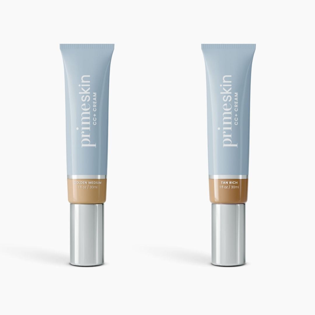 Two 1 fl oz (30ml) tubes of PrimePrometics™ 2pcs PrimeSkin CC+ Cream are shown, one in Golden Medium and one in Tan Rich. Their blue and silver design holds a pore-blurring formula ideal as foundation for women over 50.