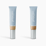 Two 1 fl oz (30ml) tubes of PrimePrometics™ 2pcs PrimeSkin CC+ Cream are shown, one in Golden Medium and one in Tan Rich. Their blue and silver design holds a pore-blurring formula ideal as foundation for women over 50.