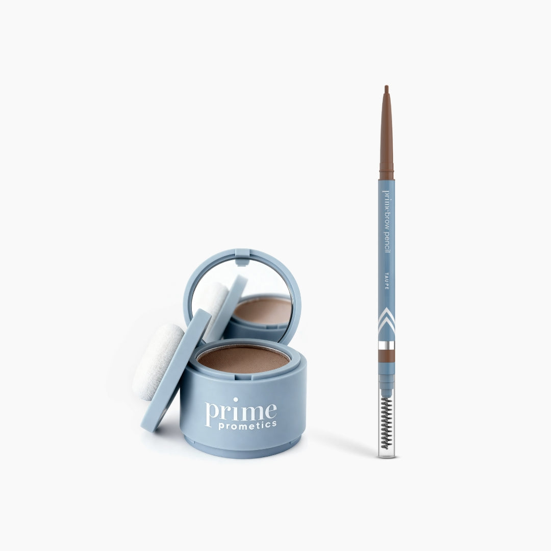 The PrimePrometics™ Instant Confidence Duo—a blue compact with mirror and applicator, plus a matching blue brow pencil with spoolie—rests on a white background.