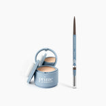 The PrimePrometics™ Instant Confidence Duo features a light blue compact with mirror and sponge for instant coverage, alongside a matching brow pencil with cap and brush tip, both elegantly displayed on a white background.