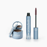 A Beauty Essentials Set by PrimePrometics™ is shown: a blue compact of Hairline Powder with a puff beside a matching blue PrimeLash Mascara tube with its wand out. Both are labeled "prime" in white, set against a plain white background.
