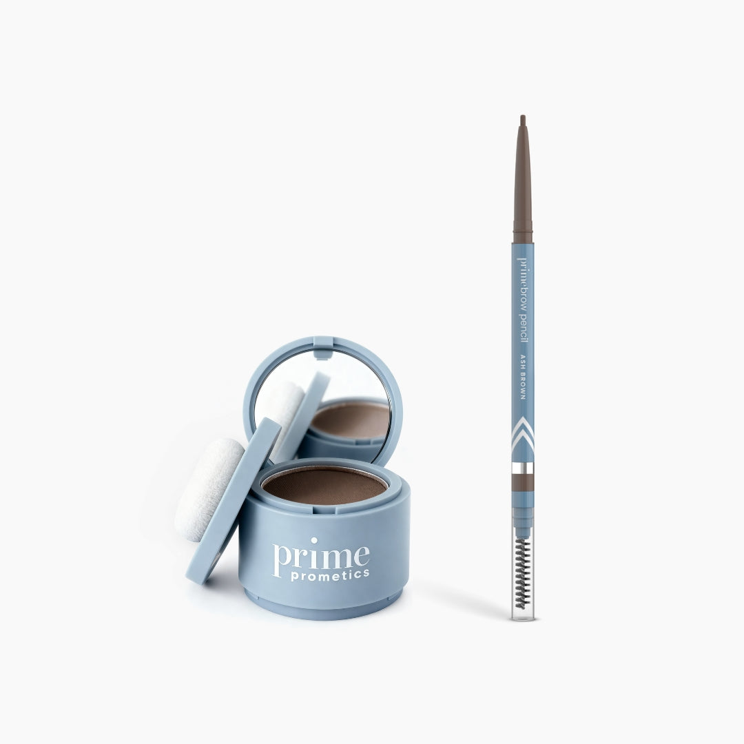A blue PrimePrometics™ Instant Confidence Duo—eyebrow powder with applicator and mirror, plus a matching PrimeBrow Pencil with spoolie—sits on a white background.