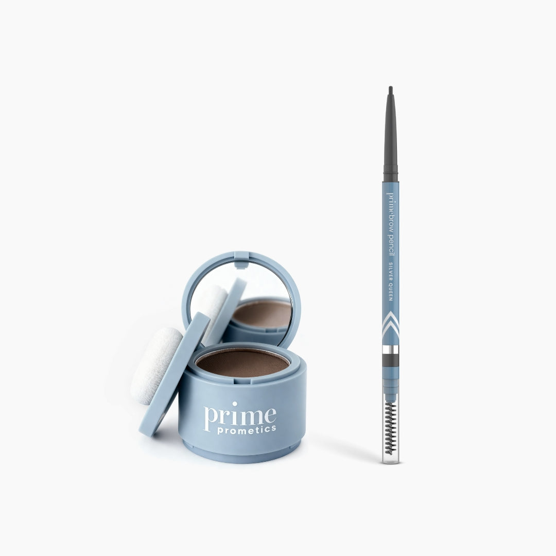 The PrimePrometics™ Instant Confidence Duo features a light blue Hairline Powder with puff applicator and a slim PrimeBrow Pencil with brush, both displayed on a white background.