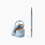 A blue Instant Confidence Duo by PrimePrometics™ sits open, showing face powder and a brow pencil with spoolie brush. Both rest on a white background, ready to perfect your brows and complexion.