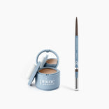 The PrimePrometics™ Instant Confidence Duo, featuring a blue hairline powder with mirror and sponge plus a matching brow pencil with brush, sits open on a white background for instant flawless brows and hairlines.