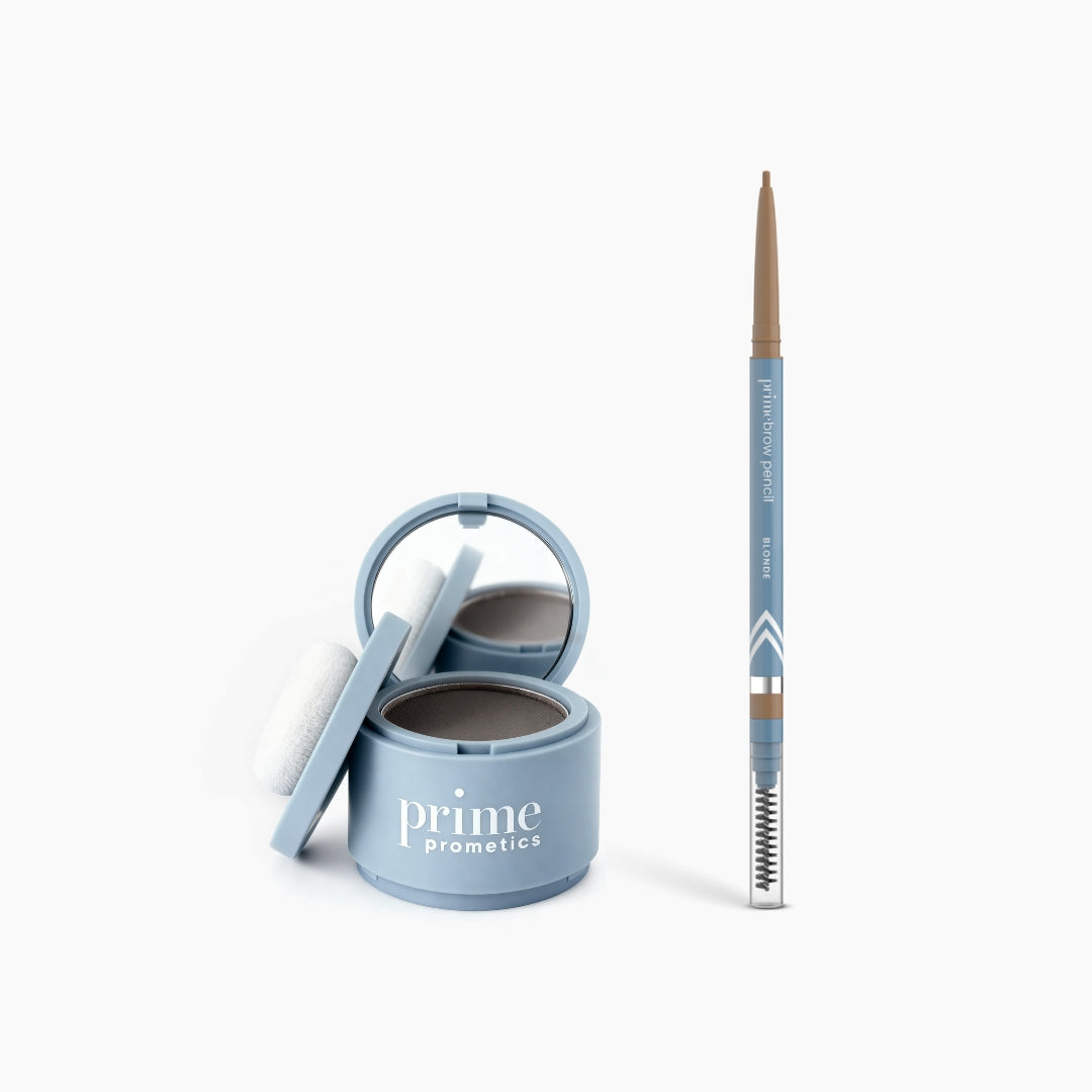 The Instant Confidence Duo by PrimePrometics™ includes a light blue eyebrow kit with a round Hairline Powder (mirror and puff) and a matching PrimeBrow Pencil with brush, both labeled PrimePrometics™, set against a white background.