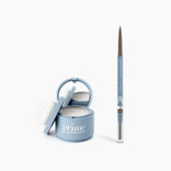 The Instant Confidence Duo by PrimePrometics™ includes a light blue makeup container with mirror and puff for hairline powder, alongside a matching PrimeBrow Pencil with spoolie brush, both displayed on a white background.