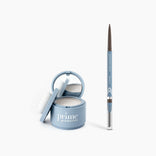 The PrimePrometics™ Instant Confidence Duo, featuring a blue Hairline Powder compact with mirror and puff and a matching PrimeBrow Pencil with spoolie, sits open on a white background, offering instant coverage.
