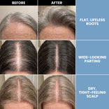 Before and after comparison of Root Reset Duo results, showing improvements in hair volume, part width, and scalp hydration with labels addressing these specific concerns.