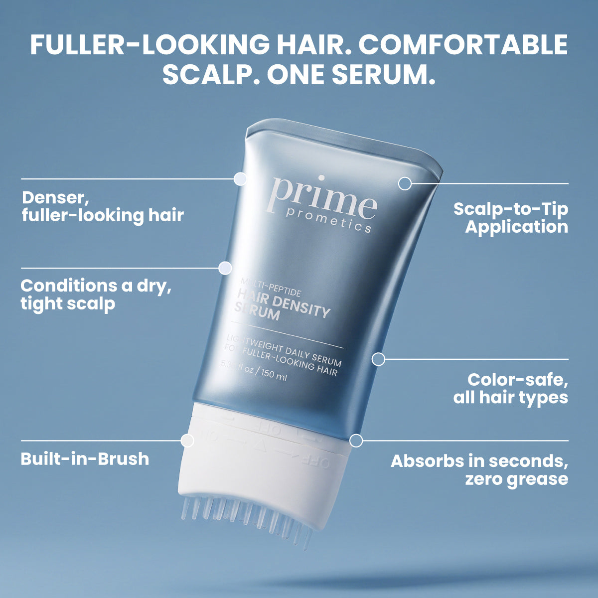 A tube of PrimePrometics™ Multi-Peptide Hair Density Serum with a built-in brush, designed for scalp-to-tip application, features color safety and quick absorption to promote fuller-looking hair—all showcased on a blue background.