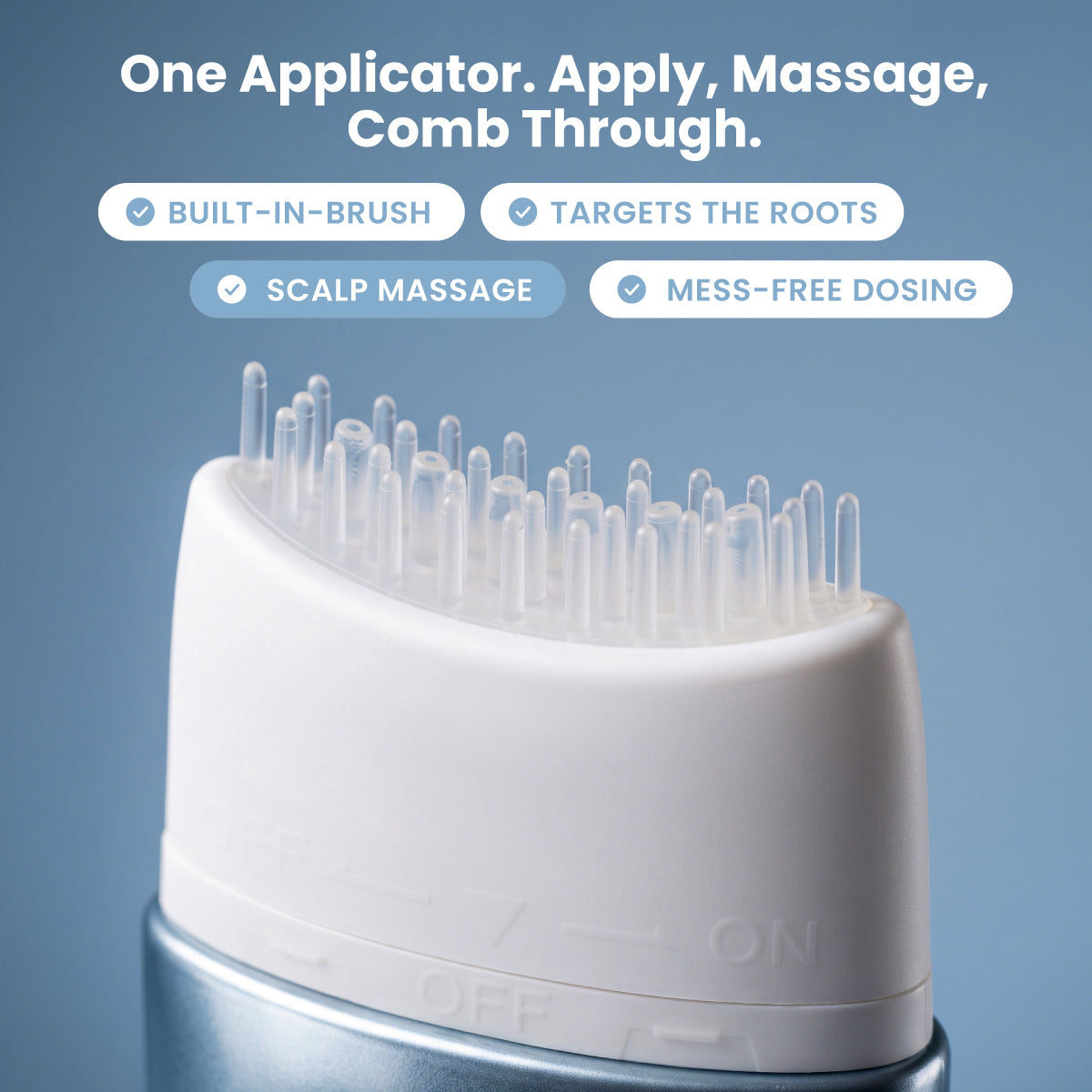 Close-up of the PrimePrometics™ Multi-Peptide Hair Density Serum applicator featuring a built-in brush with soft bristles. Text highlights its benefits: integrated brush, targeted root application, gentle scalp massage, and mess-free dosing for fuller-looking hair—all set against a blue background.