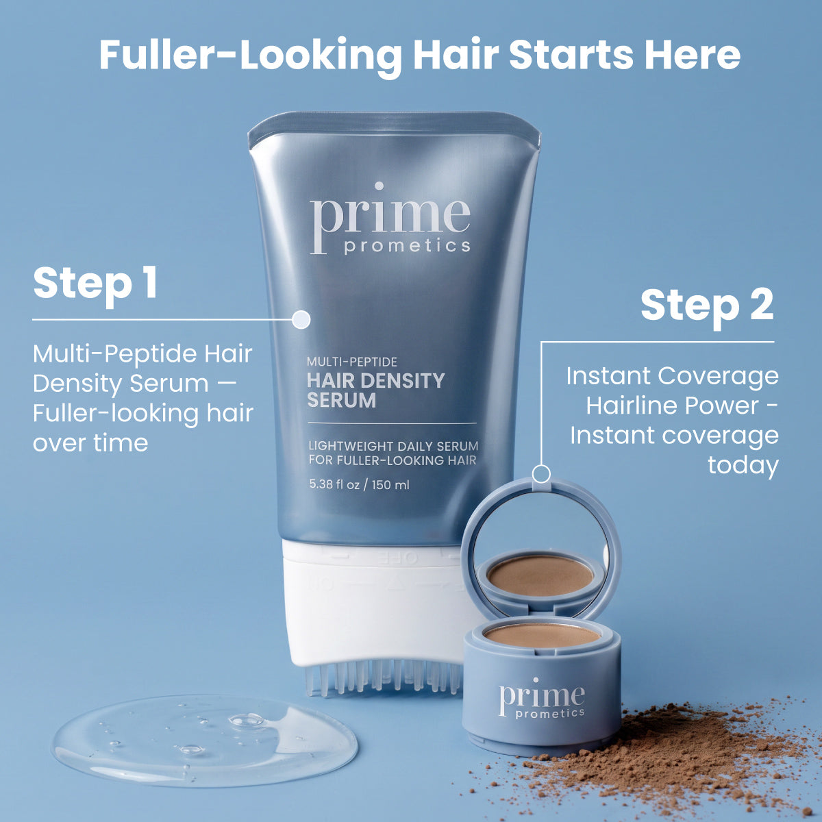 Multi-Peptide Hair Density Serum and coverage powder from PrimePrometics™ on a blue background, with text outlining two steps for fuller-looking hair: first, apply the Multi-Peptide Hair Density Serum to boost hair density, then use the powder for immediate hairline coverage.