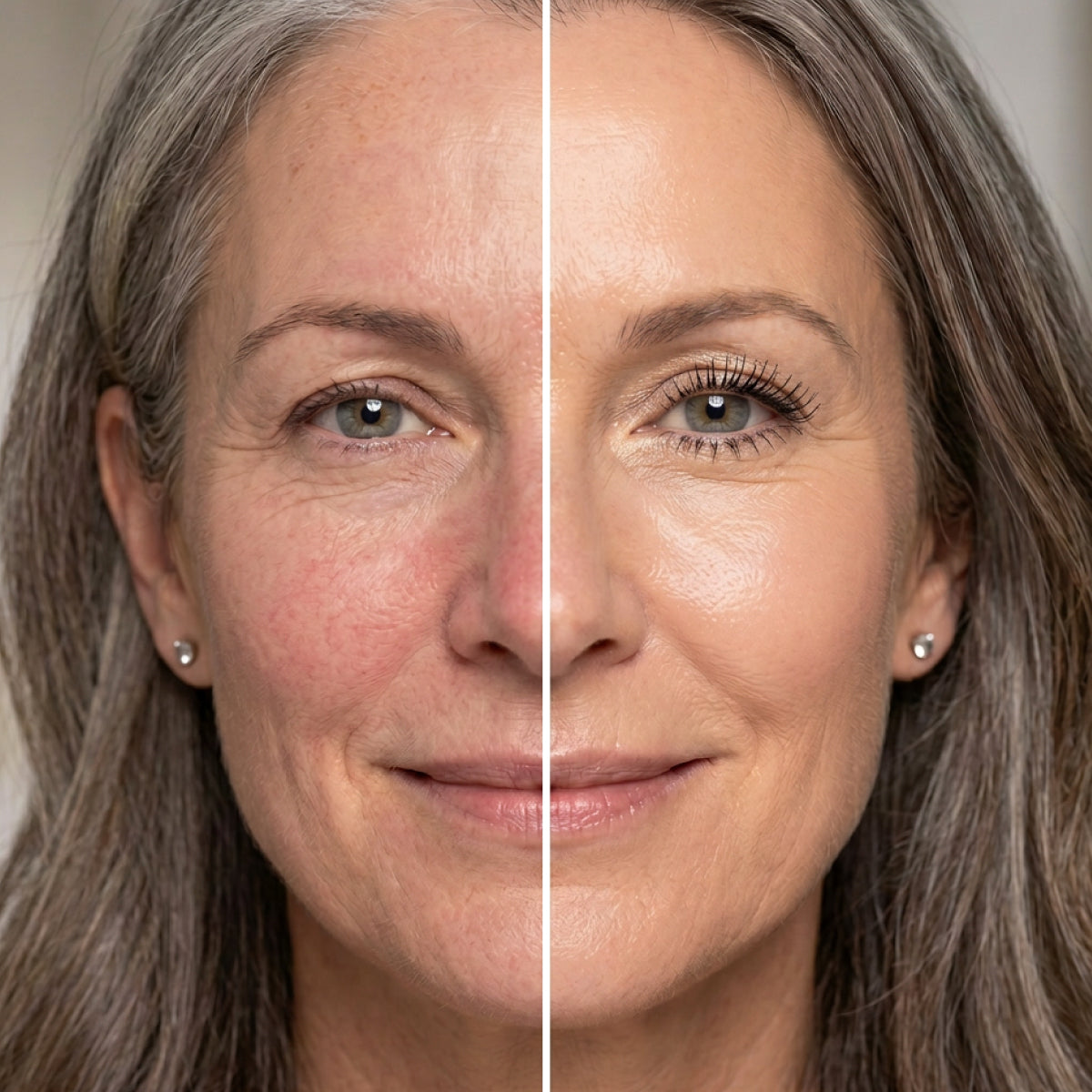 A close-up of a womans face, split down the middle to show a comparison: the left side has visible wrinkles and redness, while the right side appears smoother and more even-toned.