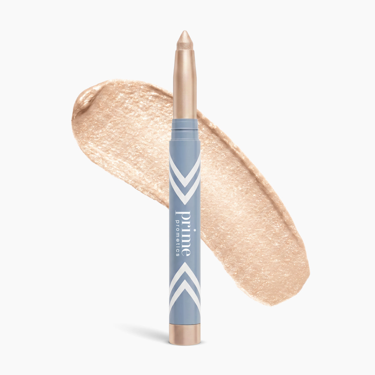A beige shimmery eyeshadow stick with a blue and gold tube labeled Prime Prometics, shown with a swatch of its color behind it on a white background.
