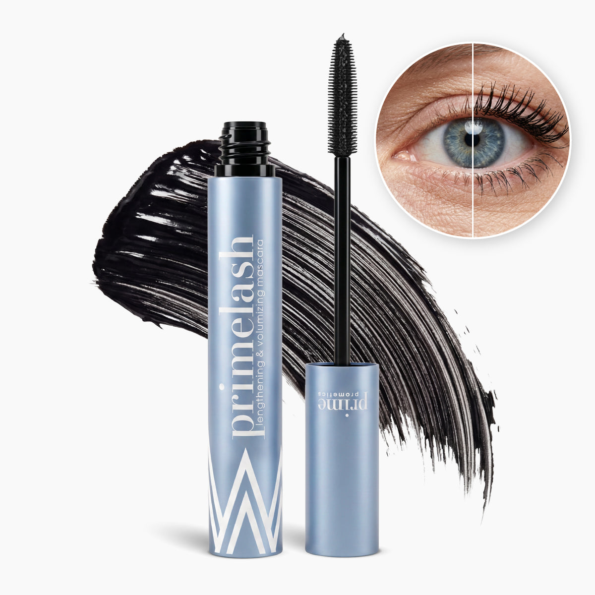A tube of PrimeLash mascara with the wand exposed, black mascara swipe in the background, and a close-up of an eye showing lashes before and after mascara application.