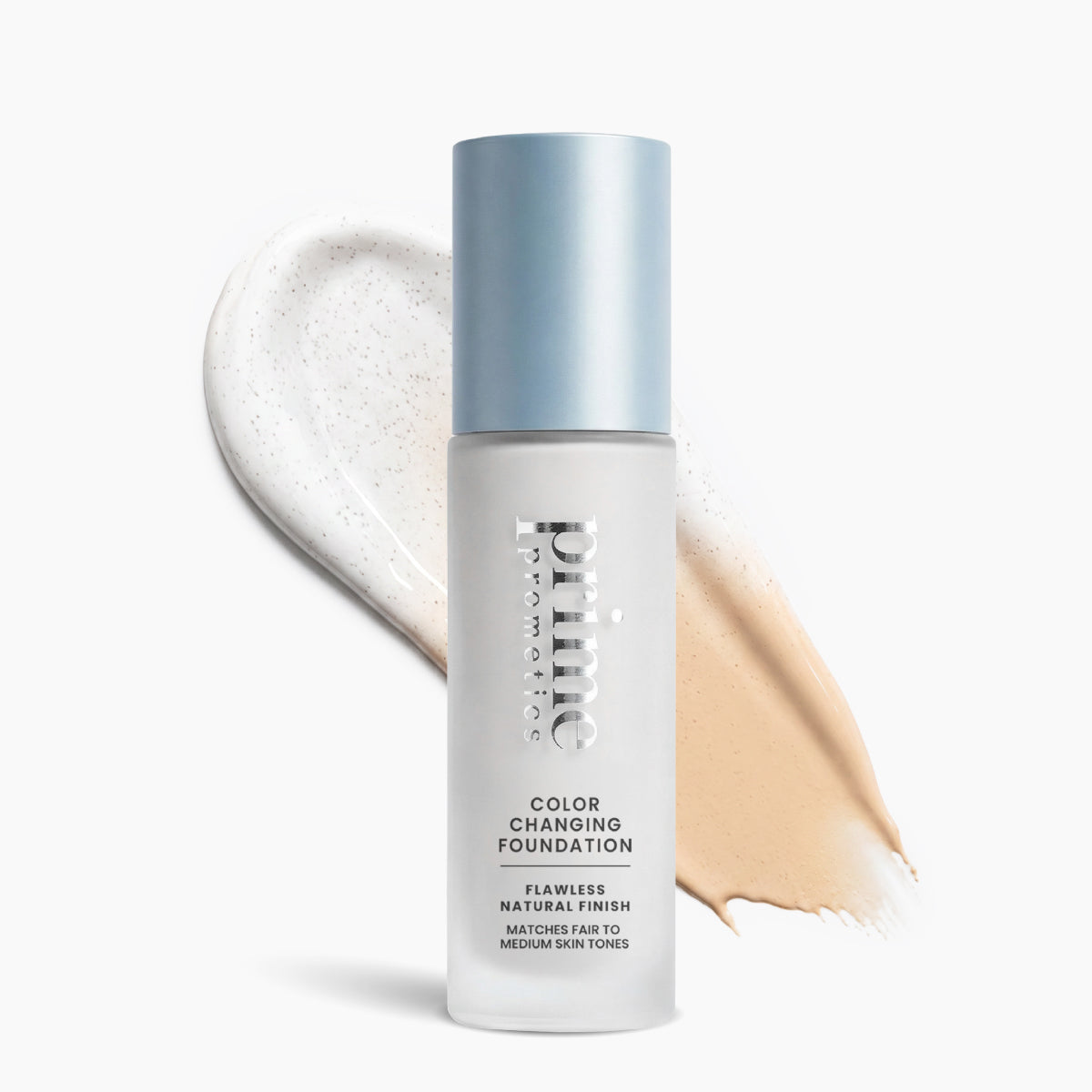A bottle of Prime Prometics Color Changing Foundation stands in front of white and beige foundation swatches on a white background.