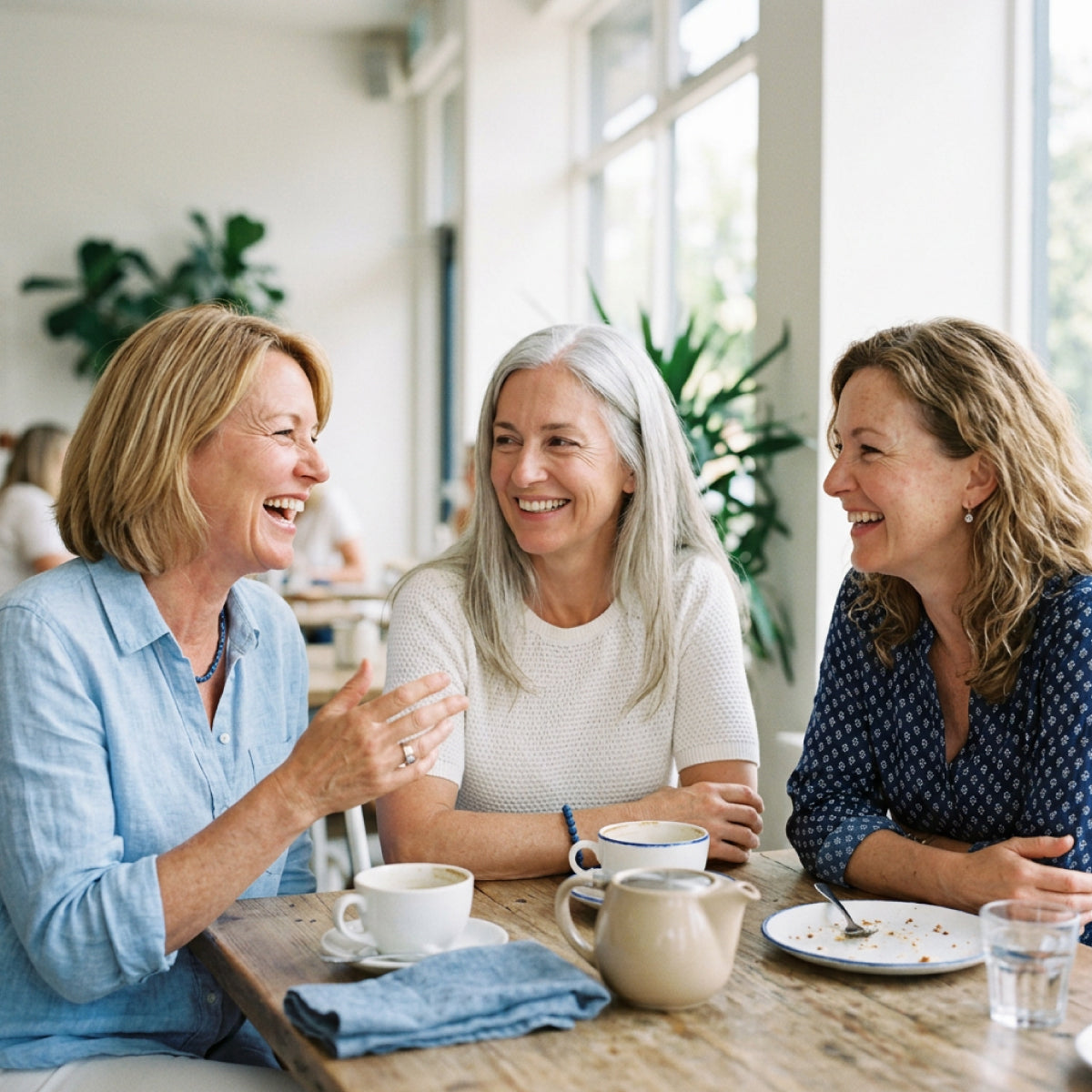 Three women sit at a wooden table in a bright café, smiling and talking over coffee and tea, with plates and cups in front of them. Sunlight streams in through large windows, and green plants decorate the background.