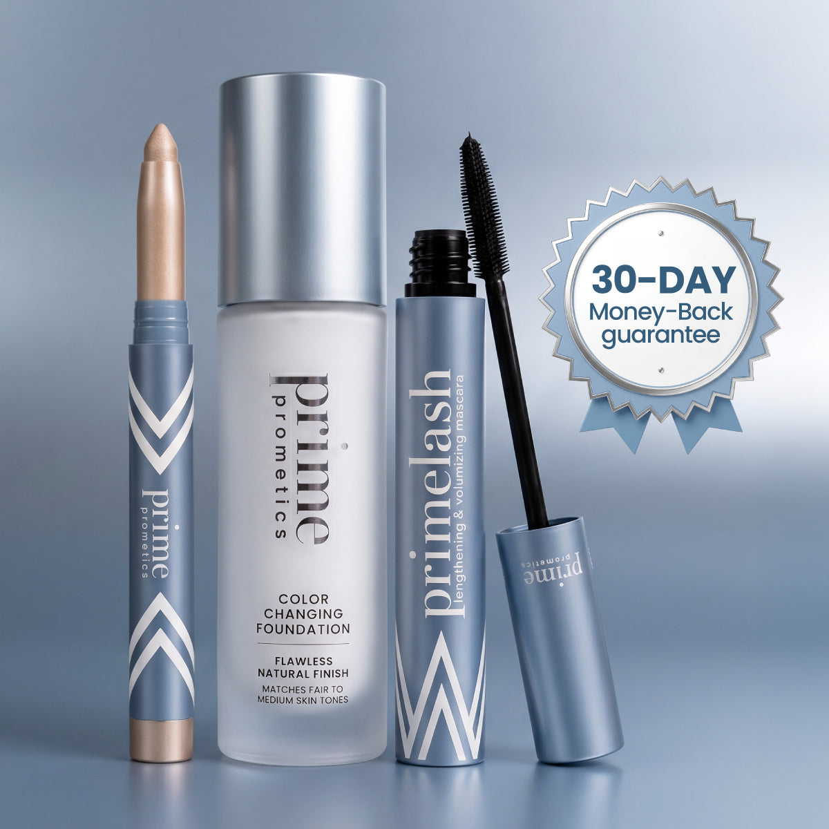 Three Prime Prometics makeup products—an eyeshadow stick, foundation, and mascara—are displayed on a gray surface next to a blue and silver 30-Day Money-Back Guarantee badge.