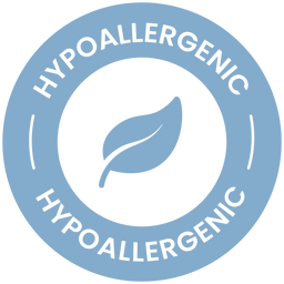 A blue circular badge with the word HYPOALLERGENIC repeated twice around the edge and a simple white leaf icon in the center.