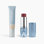 The PrimePrometics™ Complete Face Bundle includes a blue tube labeled PrimeSkin CC+ Cream, a red PrimeWand Pigment makeup stick, and a blue-capped item named primewand, all displayed on a white background.