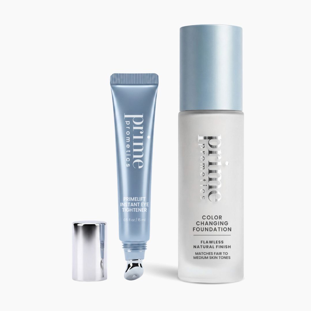 The Lift Me Up Duo from PrimePrometics™ features two silver and blue cosmetic products: an Instant Eye Tightener tube with its cap removed for beautifully lifted eyes, and a Color Changing Foundation bottle labeled for fair to medium skin tones.