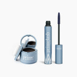 Two blue PrimePrometics™ Beauty Essentials containers on white: an open compact with powder and sponge, plus an open tube of mascara with brush—ideal makeup solutions for your beauty routine.
