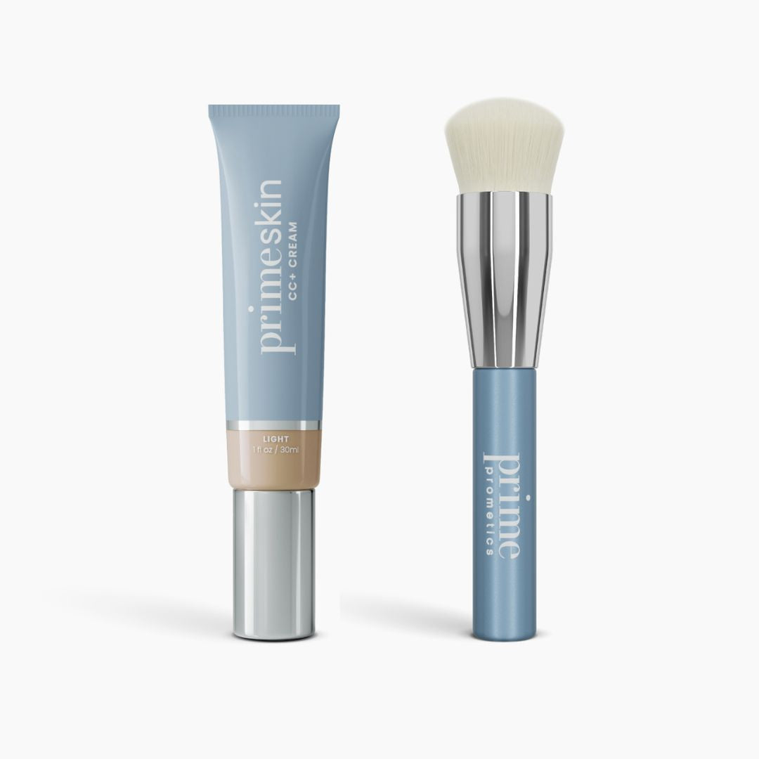 The Flawless Finish Bundle by PrimePrometics™ features a blue tube of CC+ Cream and a matching silver-handled foundation brush, displayed side by side on a white background.