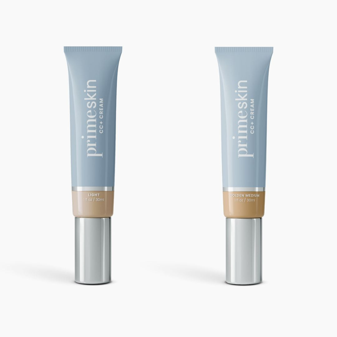 Two blue tubes of PrimePrometics™ 2pcs PrimeSkin CC+ Cream with silver caps: Light on the left, Golden Medium on the right. This lightweight foundation blurs pores and offers 1 fl oz (30 ml) per tube.