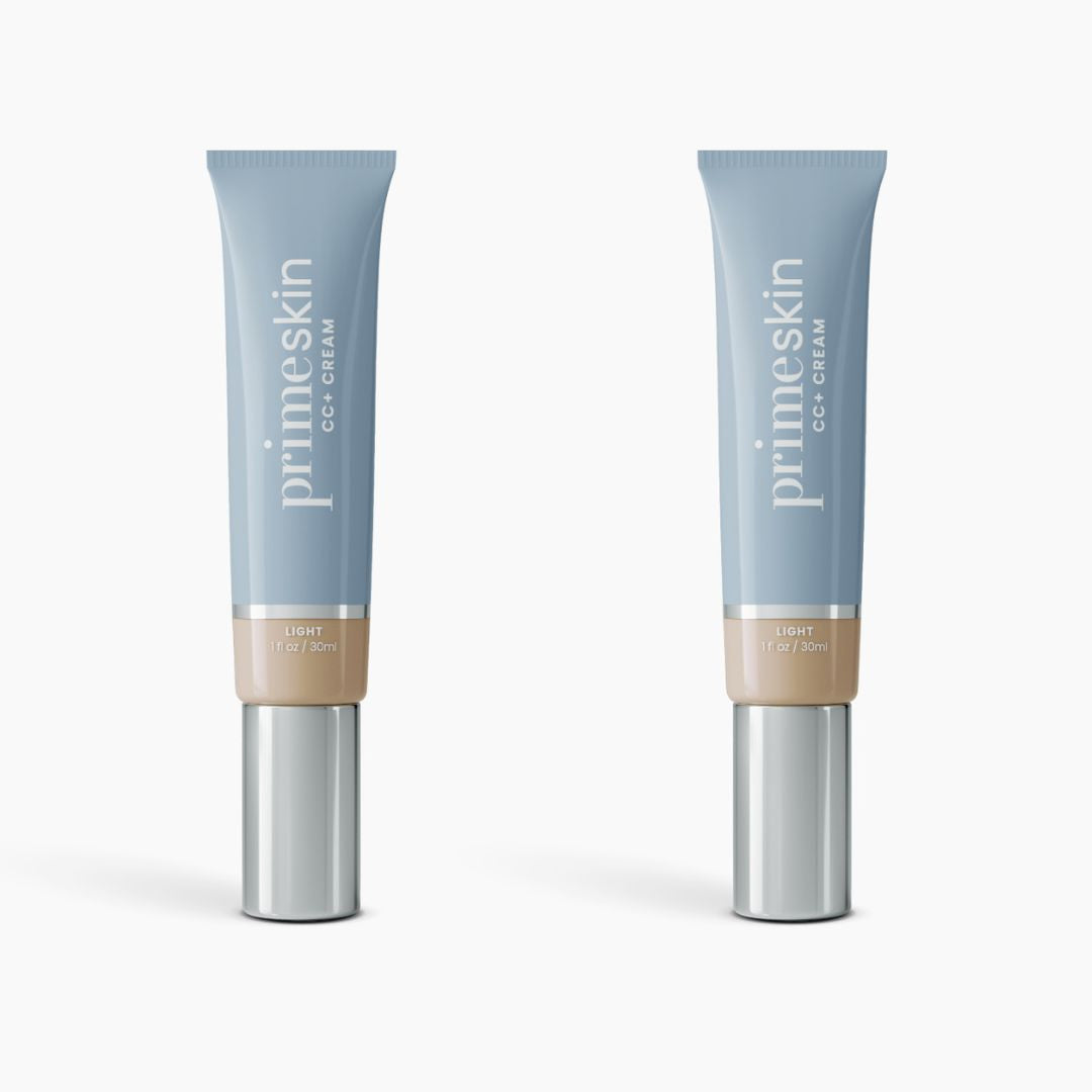 Two light blue tubes of PrimePrometics™ 2pcs PrimeSkin CC+ Cream, a lightweight pore-blurring foundation in “Light” shade (1 fl oz/30 ml each), stand upright on a plain white background.