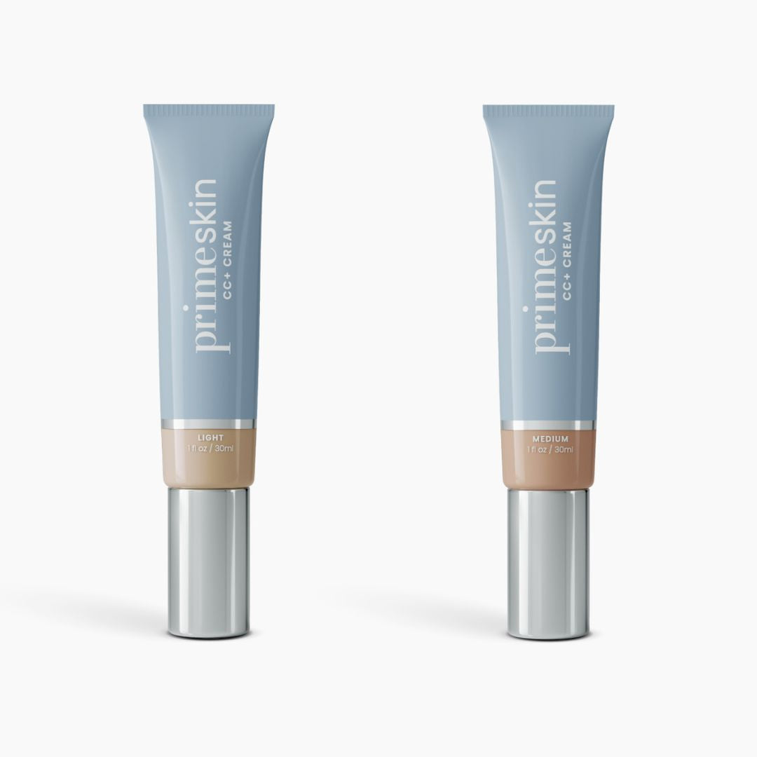 Two blue tubes of PrimePrometics™ 2pcs PrimeSkin CC+ Cream (1 fl oz/30 ml each) are shown side by side: the left labeled Light, the right Medium. Both feature silver caps and offer a lightweight, pore-blurring foundation.