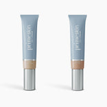 Two blue tubes of PrimePrometics™ 2pcs PrimeSkin CC+ Cream (1 fl oz/30 ml each) are shown side by side: the left labeled Light, the right Medium. Both feature silver caps and offer a lightweight, pore-blurring foundation.