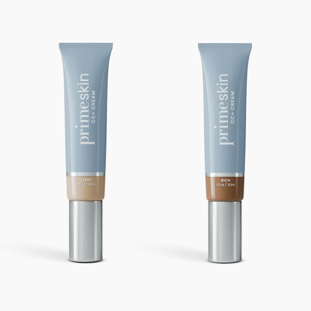 Two blue tubes of PrimePrometics™ 2pcs PrimeSkin CC+ Cream (1 fl oz/30 ml each) are shown side by side, labeled Light and Rich. This lightweight foundation visibly blurs pores.