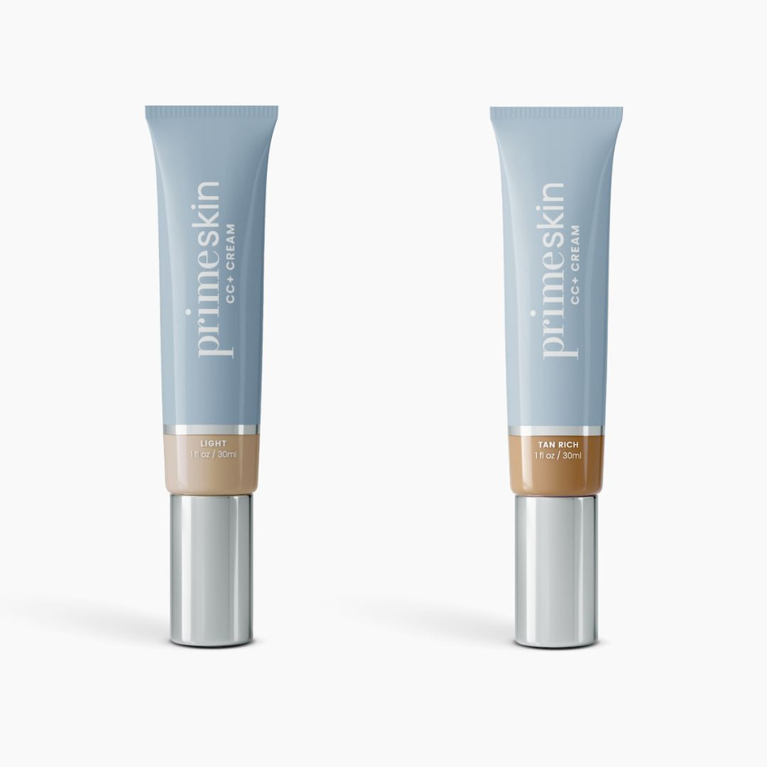Two tubes of PrimePrometics™ 2pcs PrimeSkin CC+ Cream (1 fl oz/30ml each)—a lightweight foundation that blurs pores—are shown on a white background. The blue tubes with silver caps are labeled “Light” (left) and “Tan Rich” (right).
