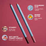 Two blue PrimePrometics™ Velvet Lip Contour pencils on a pink background, with callouts for hyaluronic acid (plumping), mango butter (silky), vitamin E (softening), and soft-matte pigment complex (bold, soft finish).