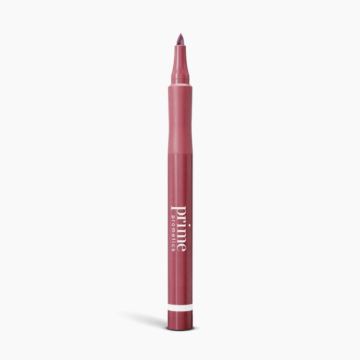 A mauve semi-permanent lip tint crayon called Forever Lip Stain by PrimePrometics™, with a twist-up tip and "prime promise" in white text, stands upright against a plain white background.