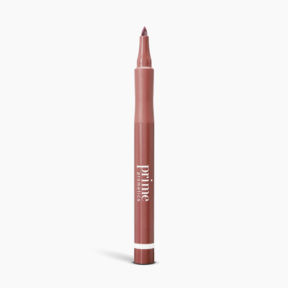 A mauve Forever Lip Stain lip liner pen from PrimePrometics™ with a pointed tip stands upright on a plain white background—ideal for pairing with your favorite long-lasting lipstick.