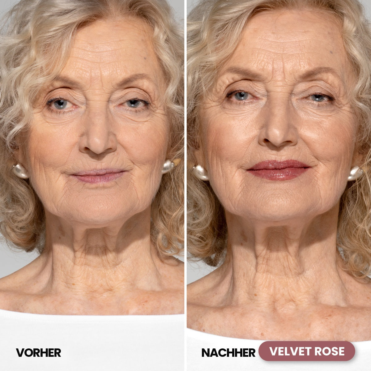 Vorher-Nachher der Lippen mit PrimeLip Plumping Lip Balm in Velvet Rose