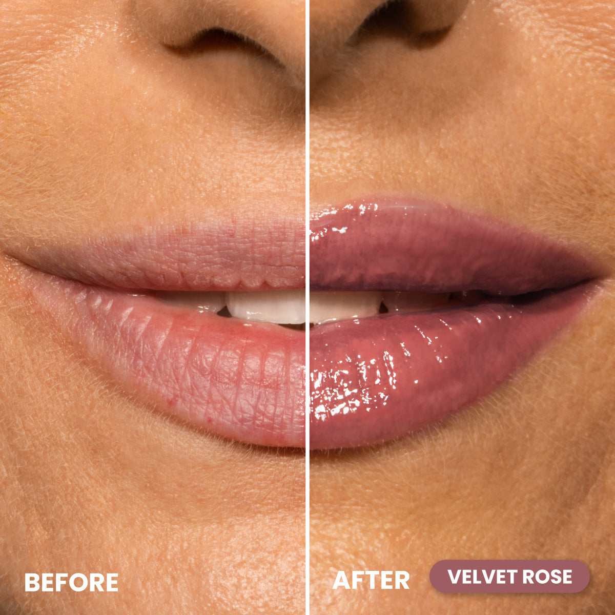 Close-up of lips divided in half; the left side shows natural lips labeled Before, and the right side shows glossy, mauve-pink lips labeled After Velvet Rose. The image highlights a lipstick transformation.