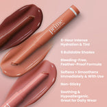 Two open tubes from the PrimePrometics™ Instant Red Carpet Look Set rest on creamy nude and rose swatches. Benefits include hydration, buildable shades, a bleeding-free and non-sticky formula, softening effect, and hypoallergenic properties.