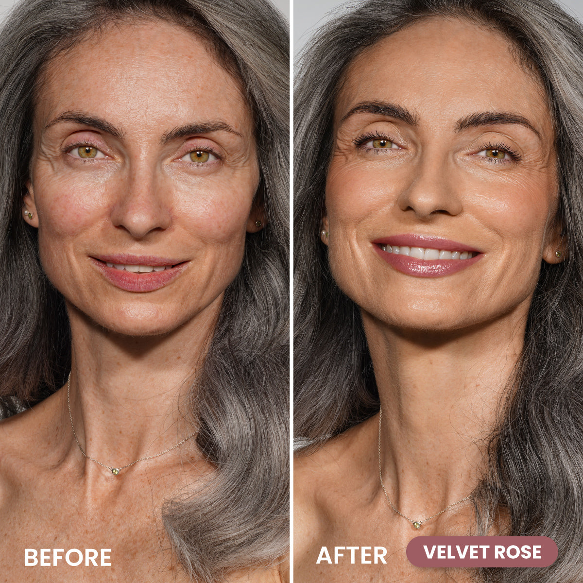 Side-by-side photos of a smiling woman with gray hair, showing her face before and after makeup application. The after side features smoother skin, rosy lipstick, and a brighter complexion. Text reads BEFORE and AFTER VELVET ROSE.