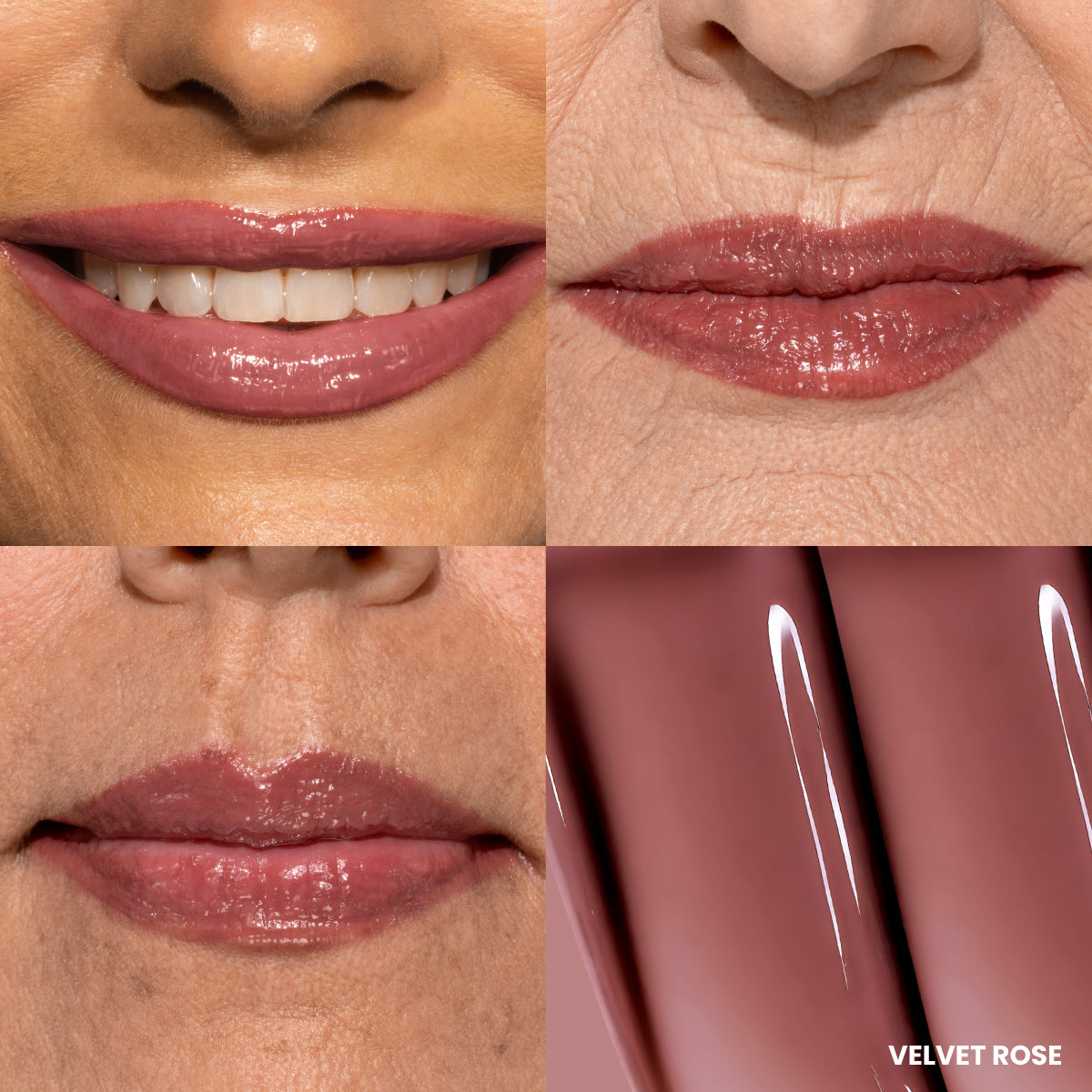 Four close-up images of lips wearing glossy mauve lipstick, shown on diverse skin tones. The bottom right quadrant displays a smeared swatch of the lipstick with the label VELVET ROSE.